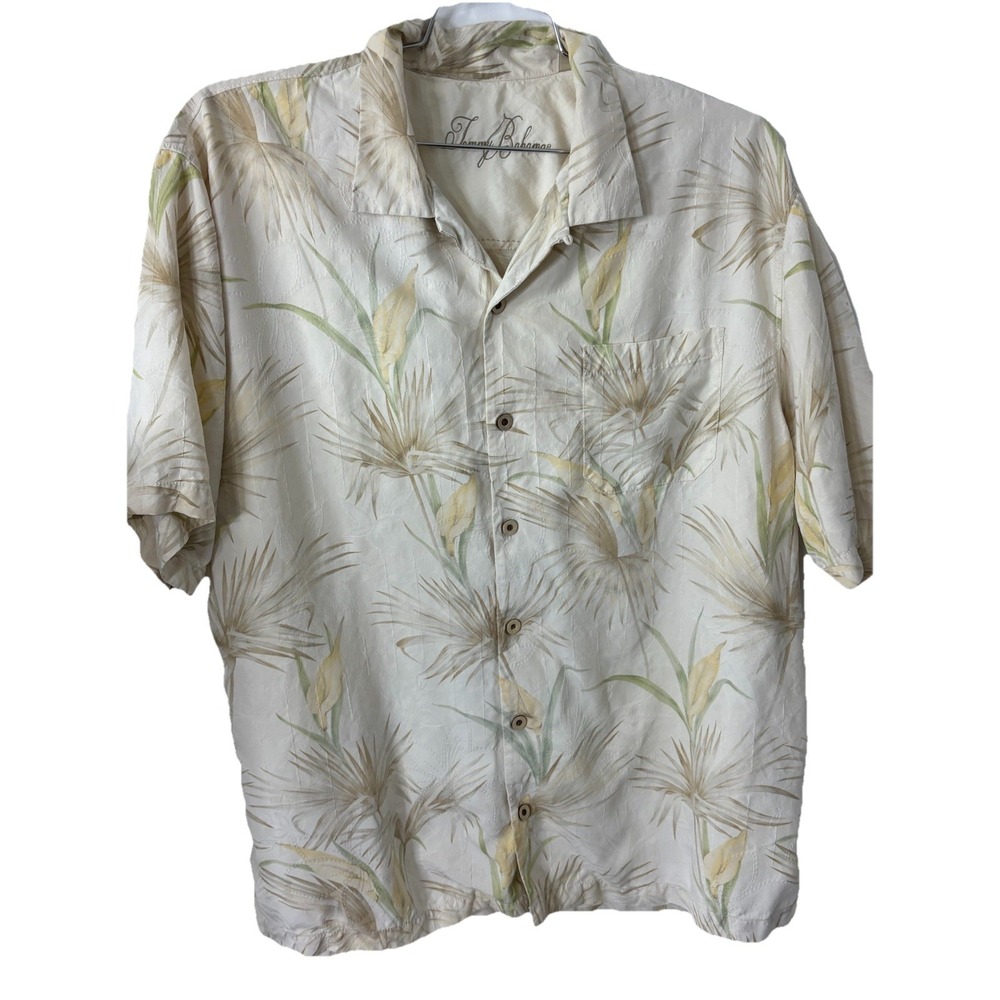 Tommy Bahama Shirt‎ Mens XL Yellow Floral Short Sleeve 100% Silk Lightweight